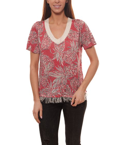 TUZZI maglia camicia camicia moda donna con frange con stampa ananas rosso / bianco