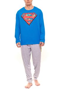 DC Comics Herren Superman Schlafanzug Pyjama-Set mit großem Logo auf der Brust Blau/Grau