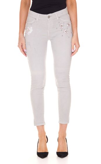 LTB Lonia Damen Super Skinny Jeans mit floralen Stickereien und Ziersteinchen Mid Rise Hose 51032 13833 50891 Grau