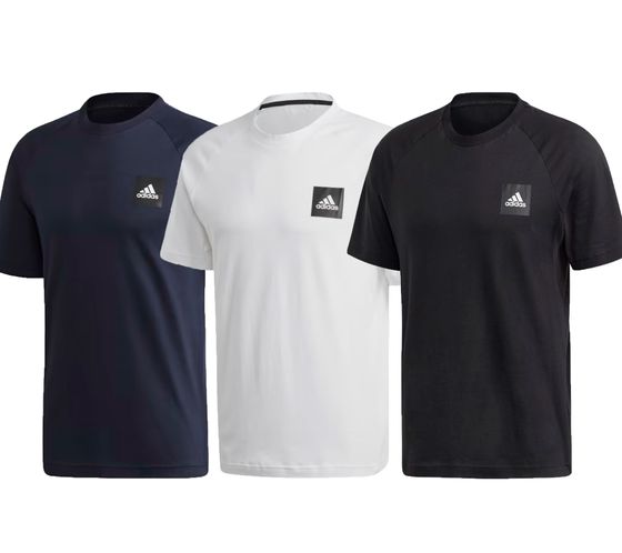 T-shirt da uomo adidas Must Haves Tee con stampa del marchio sul petto, maglietta sportiva bianca, blu scuro o nera