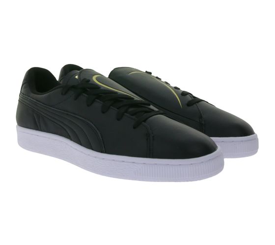 PUMA Basket Crush Emboss women s genuine leather sneakers with slanted lacing 369595 02 Black/Gold