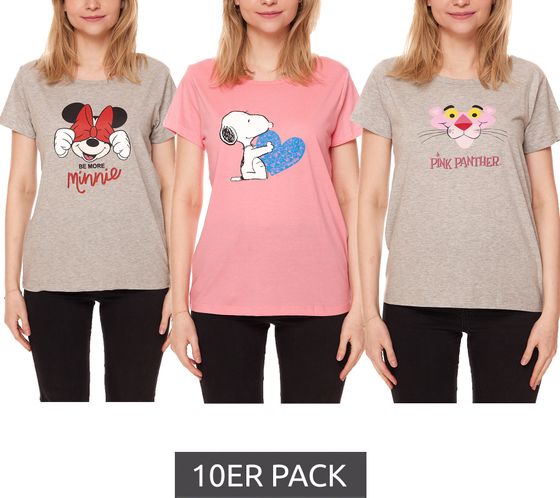 10er Pack Minnie Mouse, Snoopy, Pink Panther Damen T-Shirt süßes Baumwoll-Shirt Comic-Shirt in Grau oder Pink