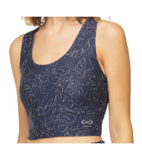 ragwear Seola women s sports bra PETA-approved vegan cropped shirt with palm tree pattern 2211-10039 2028 blue
