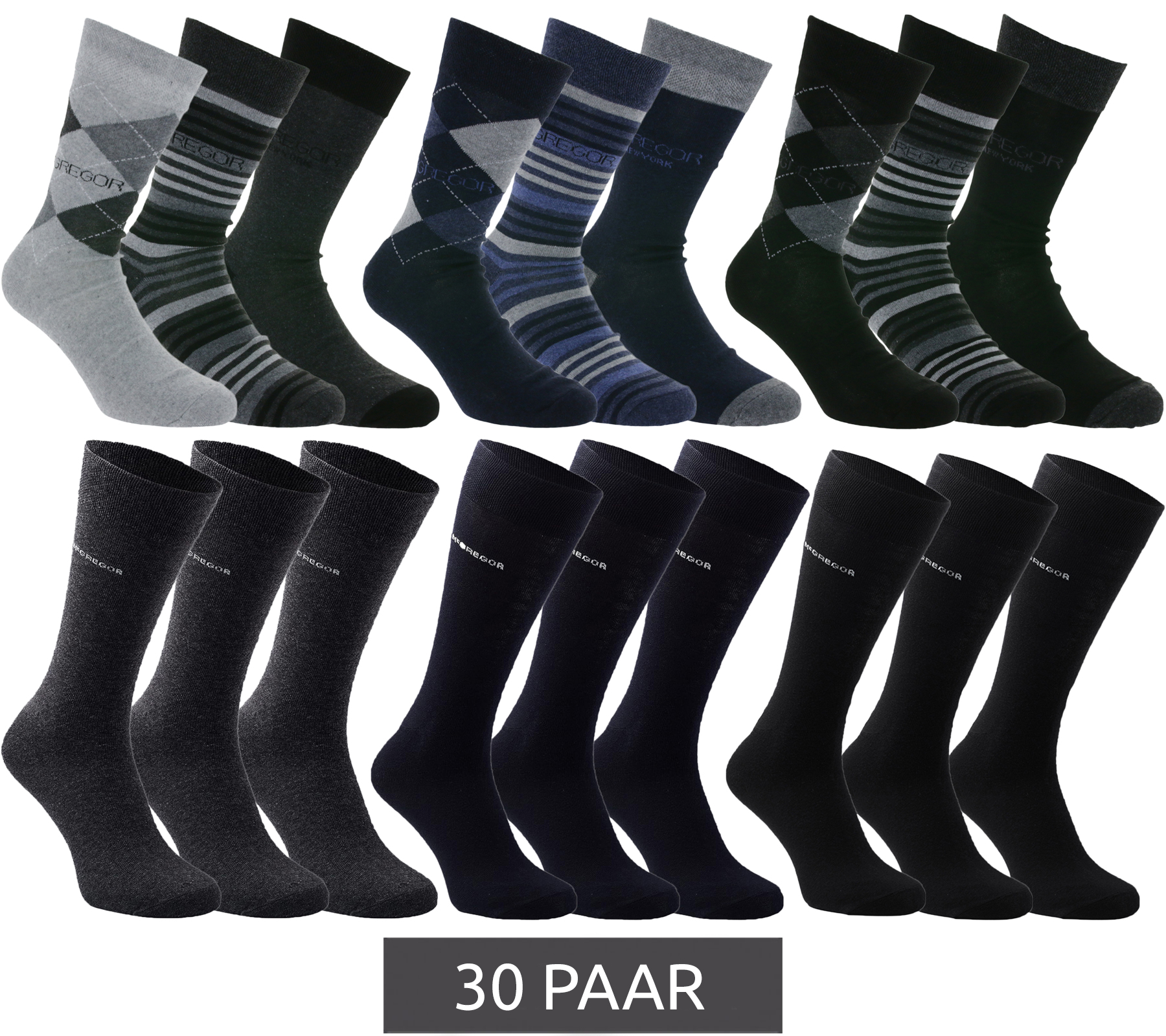 30 Paar McGREGOR Strümpfe Freizeit-Socken Unifarben oder verschiedene Muster Business-Socken im Vorteilspack Schwarz Dunkelblau oder Grau