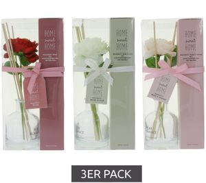 Paquete de 3 unidades de aroma de ambiente HOME sweet HOME rosa, rosa y lirio o rosa y jazmín con 6 palitos de ratán, incluida una rosa decorativa en un bonito paquete de regalo de 3x100 ml