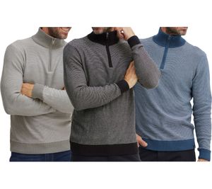 FQ1924 Lewo Herren Sweatshirt nachhaltiger Baumwoll-Pullover Rippstrick Troyer 21900461-ME Blau, Schwarz oder Grau