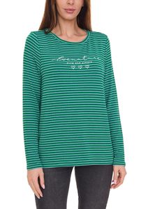 Street One Damen Langarm-Shirt gestreifter Pullover mit Schriftzug auf der Front 90463326 Grün/Weiß