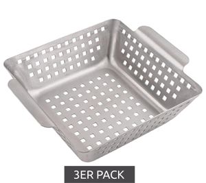 Pack of 3 GOURMEO Barbecue grill basket made of stainless steel suitable for all types of grills Vegetable bowl Dishwasher safe 21x21x7cm Silver