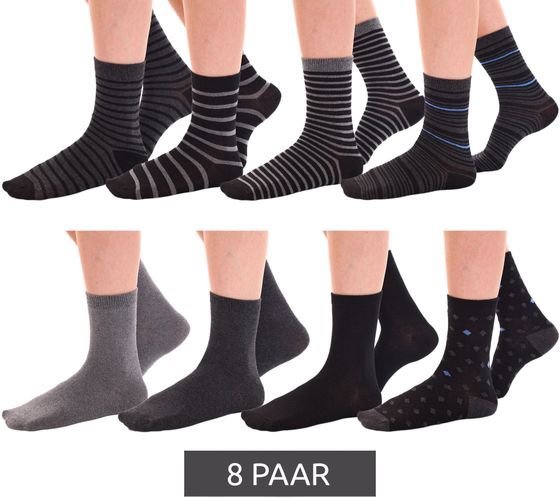 8 Paar TRUE style Baumwoll-Strümpfe mit Komfortbund nachhaltige Business-Socken im Crew-Style verschiedene Muster Schwarz/Grau