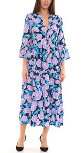 Tamaris Ibiza Damen Sommer-Kleid Maxi-Kleid mit Blumendruck 3/4 Arm-Kleid 65383801 Dunkelblau/Lila