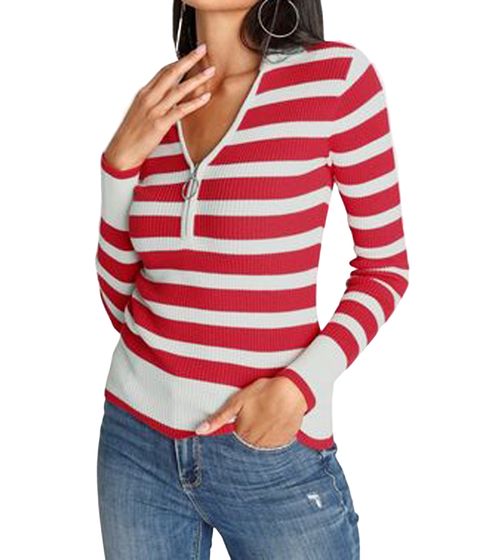 melrose women's long-sleeved polo shirt with a wide V-neck and Kent collar sweatshirt 11397721 red/white