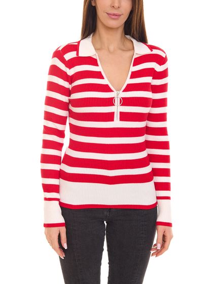 melrose Damen Langarm Polo-Shirt mit weitem V-Ausschnitt mit Kent-Kragen Sweatshirt 11397721 Rot/Weiß