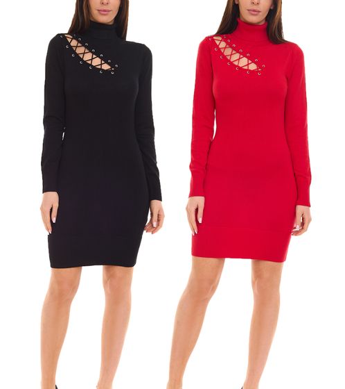 melrose Damen Mini-Kleid Strick-Kleid mit Schnürung und Rollkragen Rot oder Schwarz