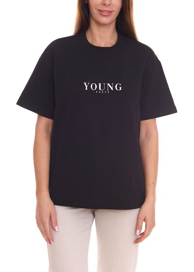 Camisa de mujer YOUNG POETS de algodón sostenible, camisa de cuello redondo con letras grandes de la marca 108169 negro