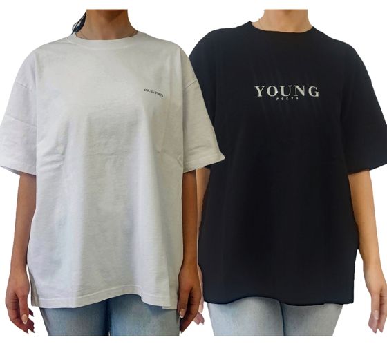 YOUNG POETS camicia da donna in cotone sostenibile, maglia girocollo con scritta del brand in bianco o nero