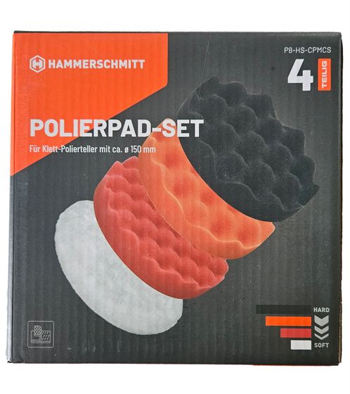 HAMMERSCHMITT Jeu de 4 tampons de polissage Plaque de polissage velcro d un diamètre de 150 mm dur à mou P8-HS-CPMCS noir, orange, rouge, blanc