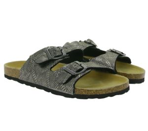 camprella Damen Pantoletten mit Schlangen-Design Tieffußbett-Pantoffeln Sommer-Schuhe Silber