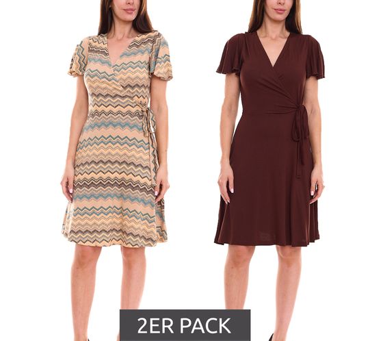 2er Pack Laura Scott Damen Wickel-Kleid schicke Mini-Kleid mit Allover Zacken-Muster 61595346 Braun/Bunt