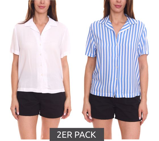 Pack de 2 blusas AjC, blusas camiseras vaporosas para mujer en dos colores con tira de botones azul/blanco