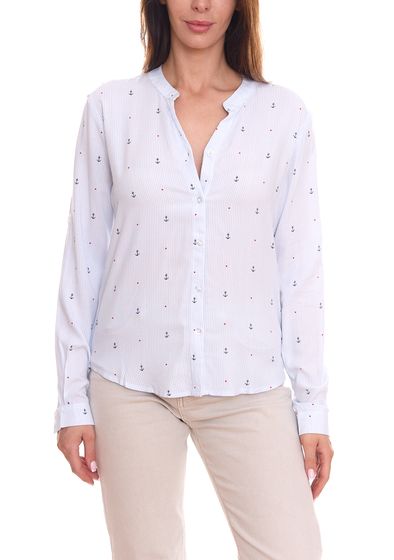 DELMAO Blusa camisera de mujer con estampado integral, moderna blusa de manga larga 42045805 azul claro