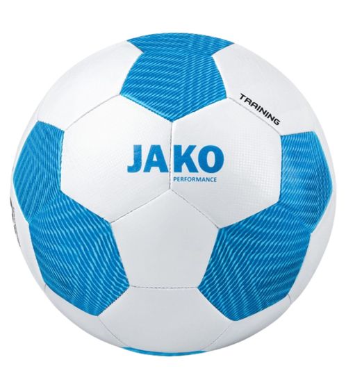 Balón de fútbol JAKO Striker 2.0 para jóvenes, tamaño 5, cosido a mano, blanco/azul