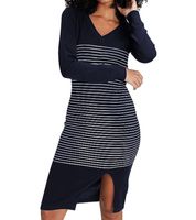 AjC Damen Pullover-Kleid gestreift Midi-Kleid Strick-Kleid in Grau, Schwarz oder Blau