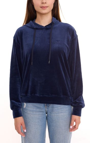 Maglione da donna in morbido velluto KangaROOS, comoda felpa con cappuccio con logo del brand sul davanti, blu scuro