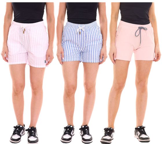 DELMAO Damen Shorts kurze Hose mit seitlichen Eingriffstaschen Blau/Weiß, Rosa/Weiß oder schlicht Rosa