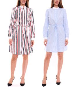 DELMAO Vestido de algodón para mujer, minivestido a rayas, manga larga, blusa, blanco/azul o blanco/azul/rojo