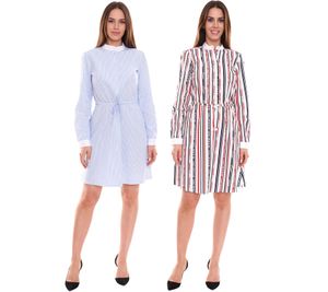 DELMAO Damen Baumwoll-Kleid Mini-Kleid gestreiftes Langarm-Kleid Blusen-Kleid Weiß/Blau oder Weiß/Blau/Rot