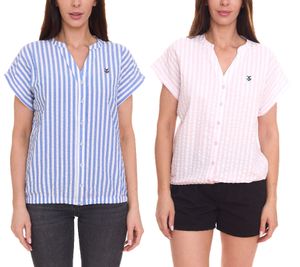 
DELMAO Blusa de verano para mujer, blusa de manga corta a rayas, camisa de verano rosa/blanco o azul/blanco