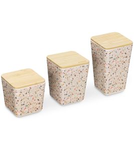 Lot de 3 boîtes de rangement NAVARIS avec couvercles, récipients en bambou, boîtes de rangement pour cotons-tiges, cotons-tiges, boîte de rangement, design terrazzo