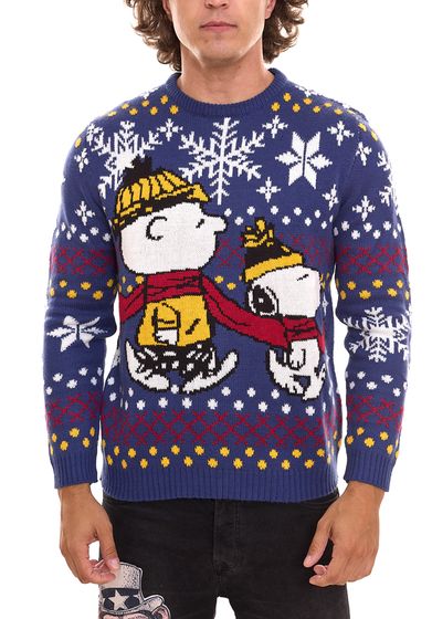 PEANUTS Snoopy Ugly Christmas Sweater Knitted Sweater for Women and Men Christmas Sweater with Large Print Blue