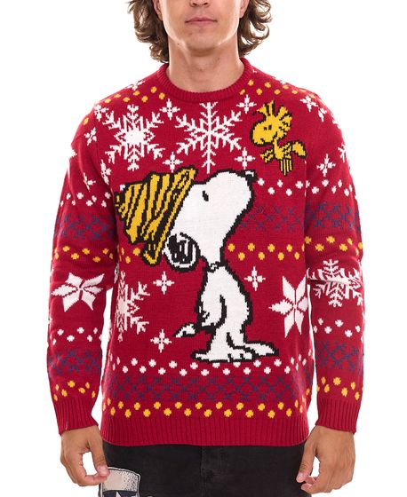 PEANUTS Snoopy Ugly Christmas Sweater Strick-Pullover für Damen und Herren Weihnachts-Pullover mit großem Print Rot