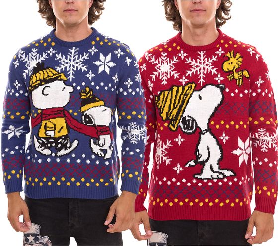 PEANUTS Snoopy Ugly Christmas Sweater Maglione lavorato a maglia per uomo e donna Maglione natalizio con grande stampa blu o rossa