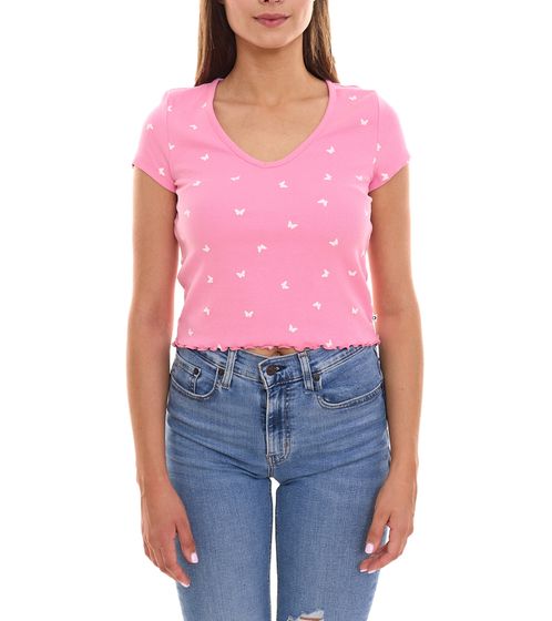 TOM TAILOR Damen Crop-Shirt Baumwoll-Shirt Sommer-Shirt mit Schmetterlings-Design 77899252 Rosa