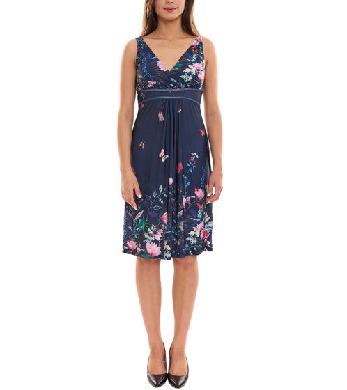 melrose Sommer-Kleid geblümtes Damen Midi-Kleid mit tiefem V-Ausschnitt Dunkelblau/Bunt