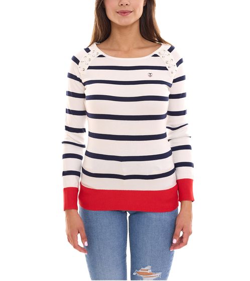 DELMAO Damen Langarm-Shirt gestreiftes Rundhals-Sweatshirt mit Schnürungsdetails 90686301 Blau/Weiß/Rot