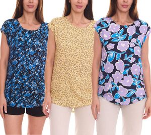 Tamaris Blusa de manga corta para mujer con estampado integral, camiseta de verano sin mangas en amarillo, negro/azul o azul/morado.