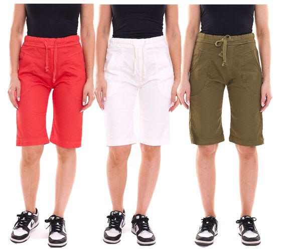 PLEASE Damen Stoff-Shorts kurze Hose mit Bindeband Bermuda Sommer-Hose Rot, Weiß oder Khaki