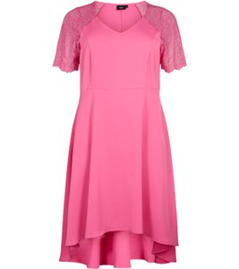 Zizzi Damen Midi-Kleid mit Spitzenärmeln Sommer-Kleid mit verdecktem Reißverschluss an der Seite 38316729 Pink