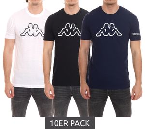 10er Sparpack Kappa Herren Baumwoll-Shirt Rundhals-Shirt mit großem Logo-Patch Kurzarm-Shirt Blau, Schwarz oder Weiß