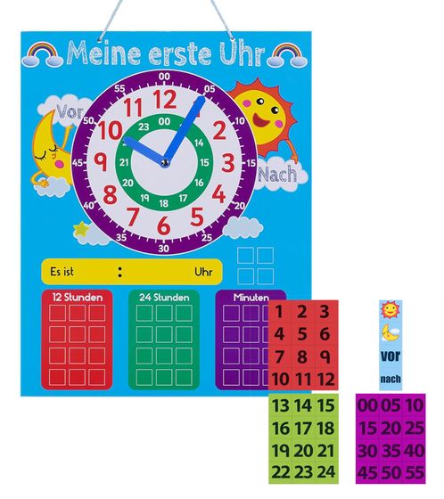 NAVARIS Horloge de jeu pour enfants Horloge analogique en allemand Accessoires d'apprentissage Matériel d'apprentissage Tableau magnétique 53345.01 Bleu/Lia