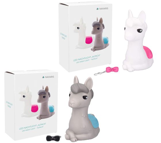 NAVARIS Luce notturna LED per bambini Alpaca con cambio colore RGB, alimentata a batteria, luce notturna grigio/blu o bianco/rosa