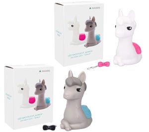 NAVARIS Luz nocturna LED de alpaca para niños con luz nocturna que cambia de color RGB, funciona con pilas, gris/azul o blanco/rosa