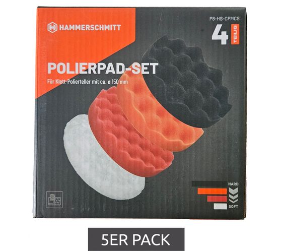 Confezione economica da 5 pezzi HAMMERSCHMITT Set di 4 tamponi per lucidatura Piastra per lucidatura in velcro con diametro di 150 mm da duro a morbido P8-HS-CPMCS nero, arancione, rosso, bianco