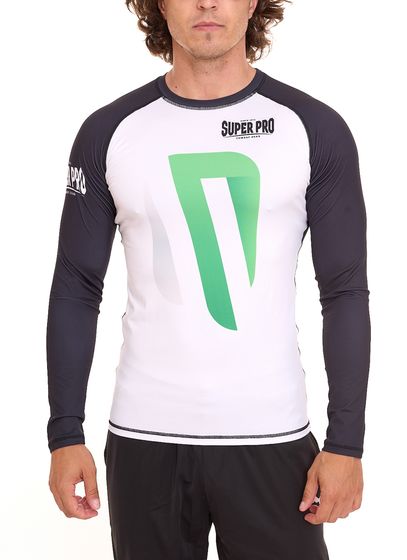 SUPER PRO Rashguard No Mercy camiseta de manga larga para hombre, corte compresivo, camiseta de artes marciales SPRGL 112-90508 negro/blanco/verde