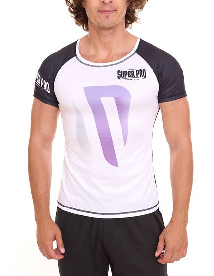 Camiseta SUPER PRO DryGear No Mercy para hombre con corte atlético, camiseta de artes marciales con costuras planas SPTTS 112-10651 blanco/negro/morado