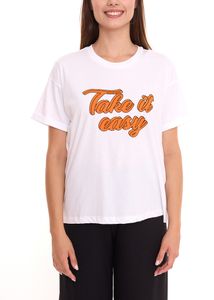 Magnifique T-shirt en coton avec grand imprimé sur le devant, col rond, 72178051 blanc/orange