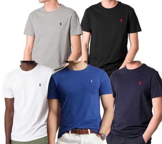 POLO RALPH LAUREN Camiseta de algodón para hombre con logo bordado, manga corta, cuello redondo, blanco/negro/gris/azul